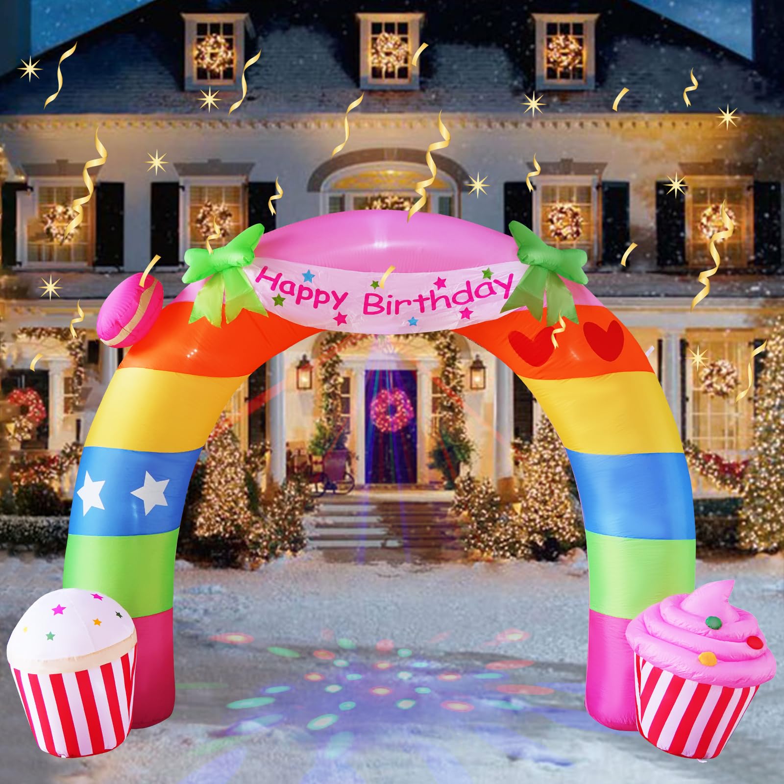 Photo 1 of 11FT Rainbow Birthday Arch Outdoor Inflatable Decoration, Build-in LED Lights, Arch Blow up Outdoor Yard Decorations for Birthday Party Indoor Home Celebration Garden Lawn