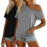 Riyiper 2 Pack Women's Off The Shoulder Tops, Short Bat Wing Sleeve Off Shoulder Shirts Casual Summer Loose Tunics Tee Blouse