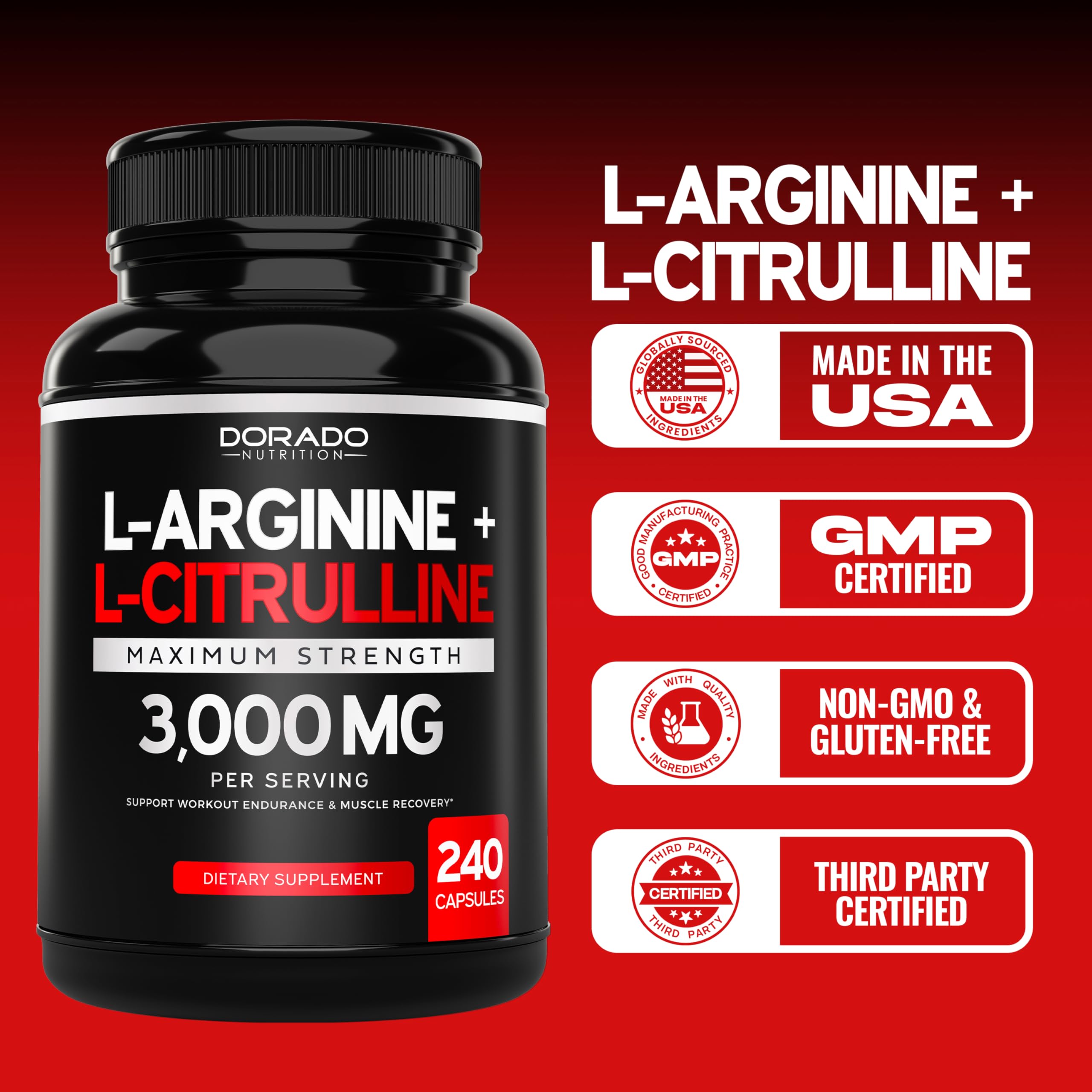 L Arginine L Citrulline Supplement 3000mg (240 Capsules) Nitric Oxide Pills for Men - Stamina, Endurance, Performance for Workouts - NO Supplements for Men - Gluten Free, Non-GMO, Vegan Capsules
