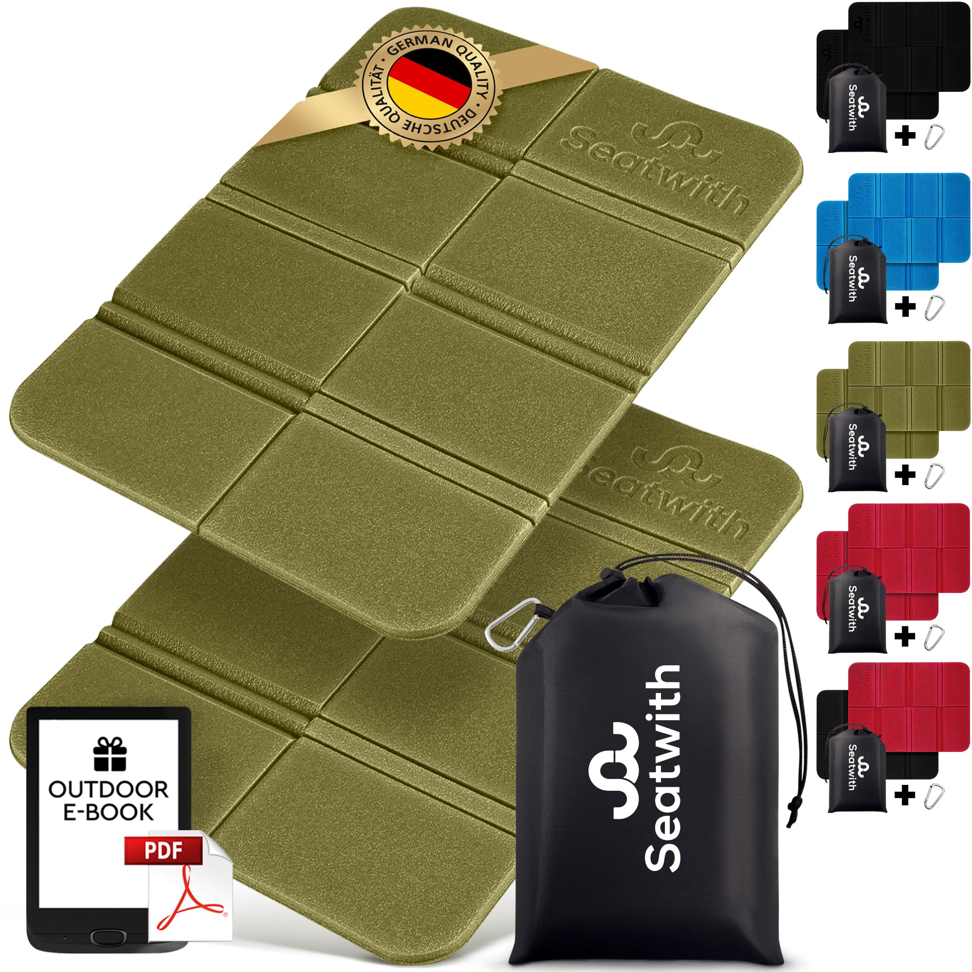 Seatwith Folding Hiking Mat 2pcs - Insulated Folding Sit Mat w/Carry Bag & Hook - Sit Mats for Walkers for hiking - Folding Seat Pad - Camping Sit Mat Camping Mat + Outdoor E-book - Green