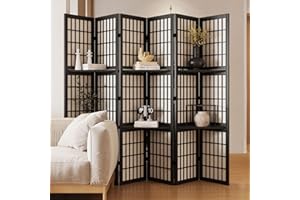 SVIMI Room Divider with Shelves, 66.9-Inch Tall Japanese Shoji Style Wood Screen with Double Hinges for Home Office Decoration (6 Panels, Black)