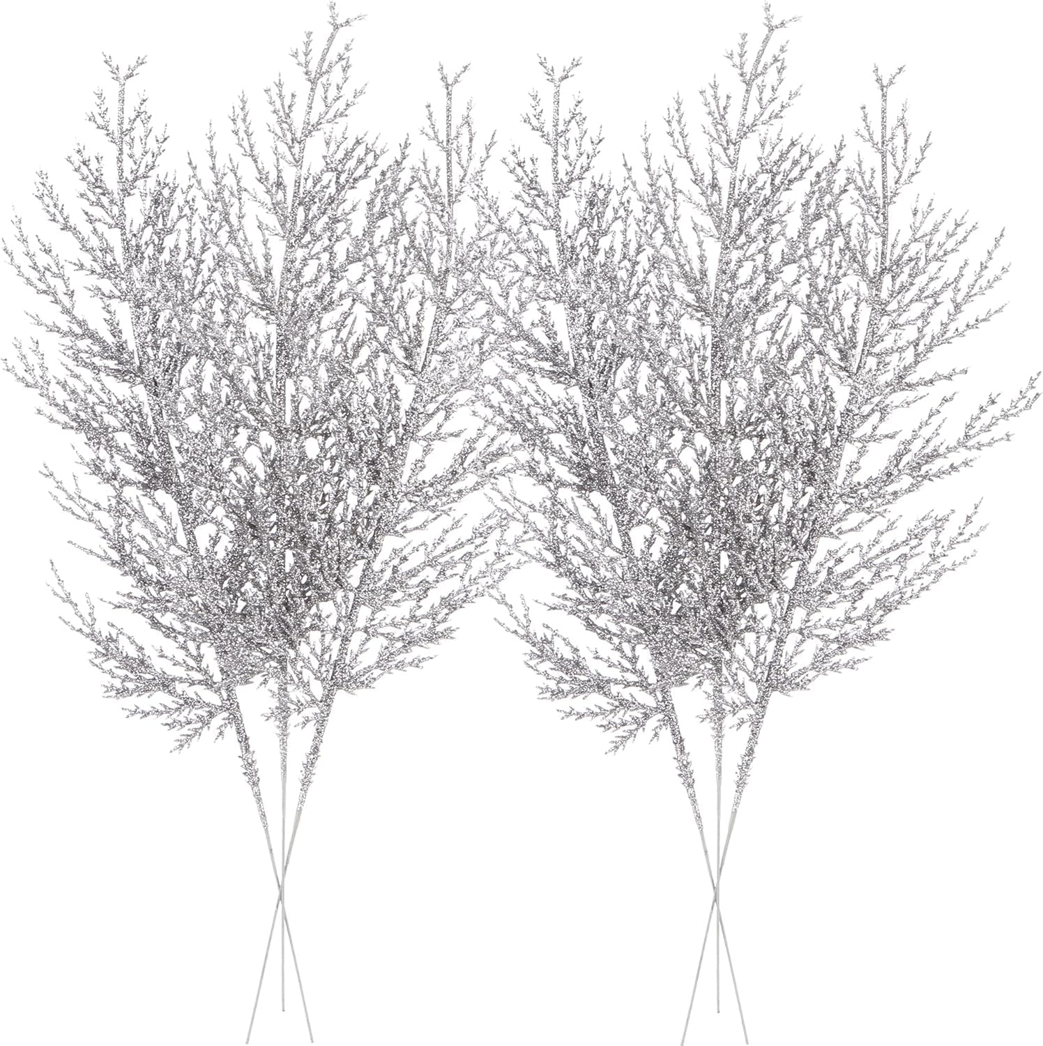 Sea Team 24-Pack Artificial Glitter Pine Tree Twig Ornaments, Decorative Sticks, Glittery Stems, Picks, Branches for Christmas Tree, Small Vase, Holiday, Wedding, Party, 14-inch, Silver