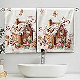 Kwlegh Christmas Gingerbread House with Cookies Cupcakes Candy Cane Towels Set of 2 Xmas Gingerbread Man Hand Towels 14.4x28.3 Kitchen Towels Face Fingertip Towels for Bathroom Kitchen Hotel
