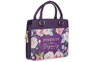 Christian Art Gifts Fashion Vegan Leather Purse Style Bible Cover for Women: Strength & Dignity Gold Inspirational Bible Verse, Sturdy Easy Carry Handles, Pen Loop, Slip Pockets, Purple Floral, Large