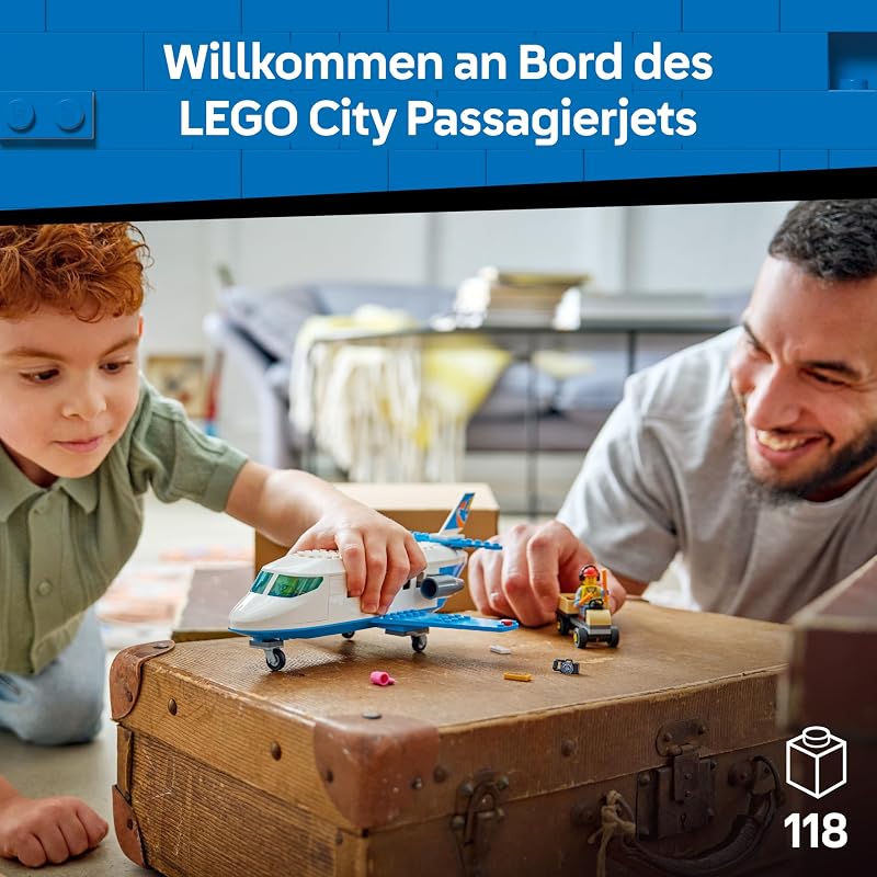 City Passagierjet Spielzeug - Flugzeug Modellbausatz mit 4 Minifiguren und Reisezubehör - Lernspielzeug - Geburtstagsgeschenk für Jungen ab 4 Jahren - 60492