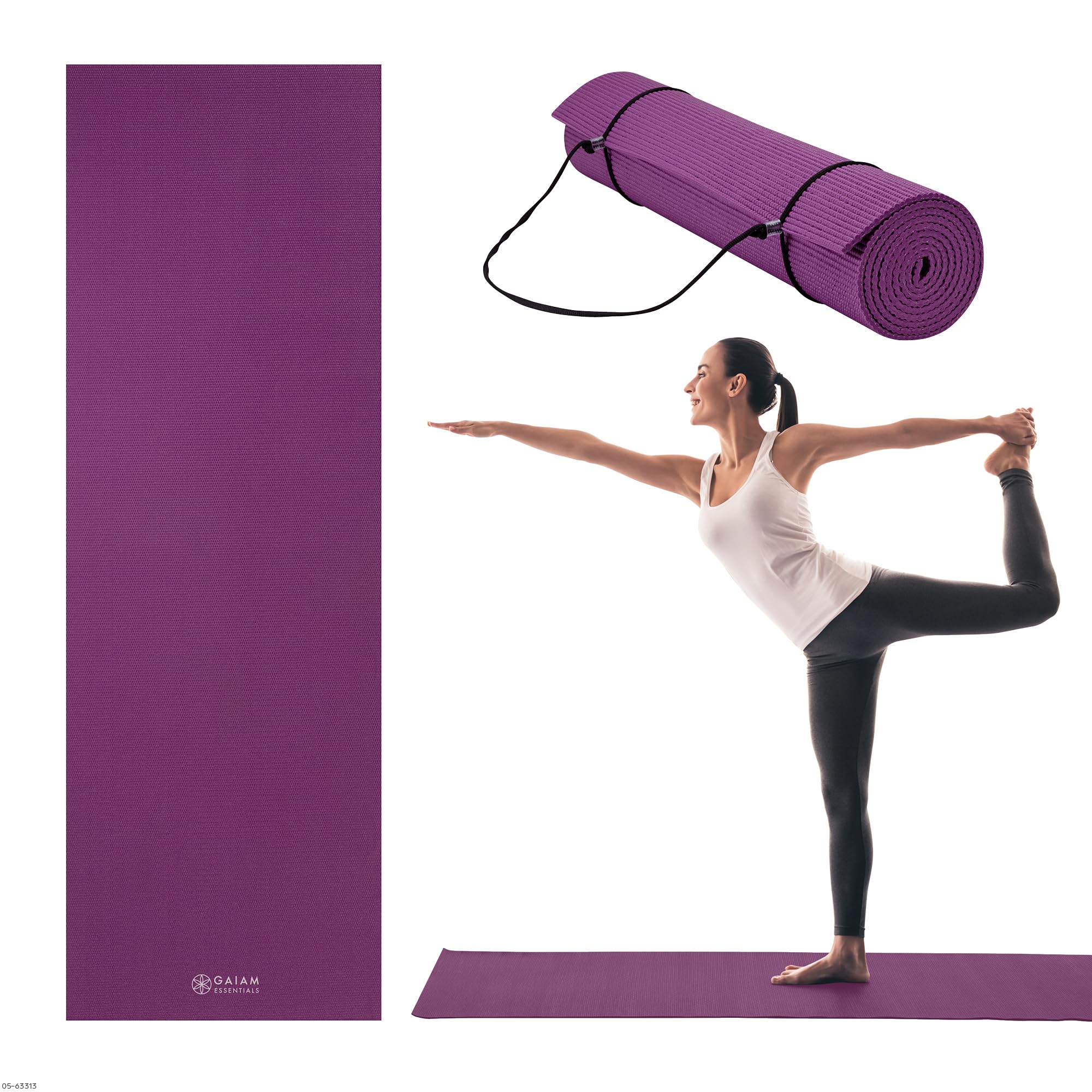Gaiam Essentials Premium Yoga Mat with Yoga Mat Carrier Sling, Purple, 72" L x 24" W x 1/4 Inch Thick