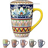 vancasso Ceramic Tea Mug with Infuser and Lid, 18 Ounce Bohemian Loose Leaf Cup, Microwave & Dishwasher Safe, Perfect for Tea, Coffee, Beige-Mustard Tribe