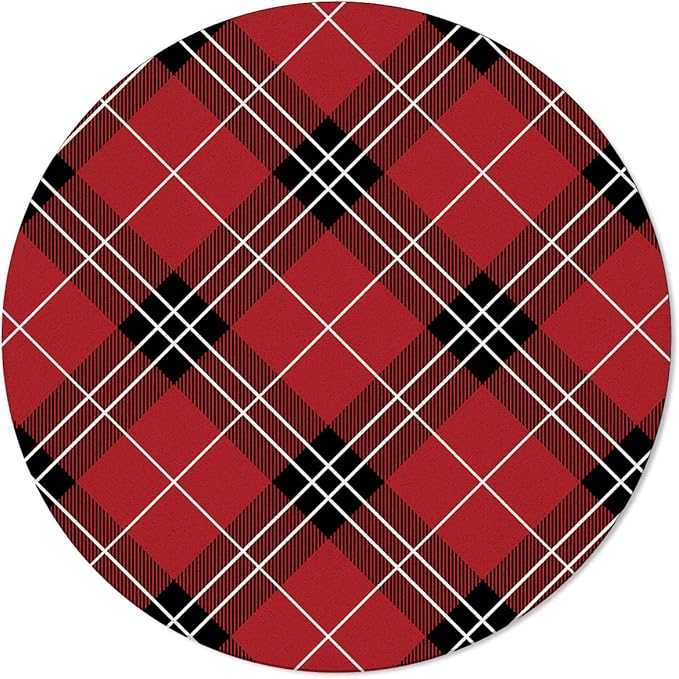 Red Plaid Area Round Rugs 4ft, Tartan Check Collection Area Rug Runner