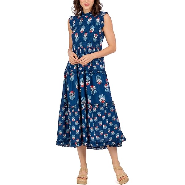 Mud Pie Abito Midi Donna In Cotone Jacquard – Scollo A V E Dettagli Perla – Eleganza Per Ogni Occasione