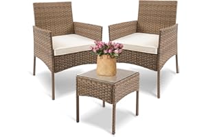 YIYAN 3 Pieces Patio Bistro Set Outdoor Wicker Furniture Outdoor Porch PE Rattan Wicker Chairs Furniture Sets with Sofa Chairs,Glass Coffee Table and White Washable Cushion