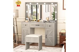 Greenvelly Makeup Vanity with Lights, Grey Farmhouse Vanity Desk with Lighted Mirror, 3 Lighting Modes, Brightness Adjustable, Dressing Table with Drawers, Vanitys Table Set for Women, Girls