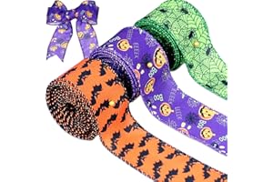 BOYIVI 3 Rolls Halloween Wired Edge Ribbon 9.9 Yard Bat Spider Web Skull Pumpkin Printed Ribbons Wrapping Ribbon for Halloween Party Decoration Wreath DIY Craft(Purple,Green,Orange)