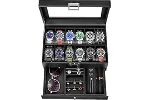 BEWISHOME 12-Slot Watch Box, Watch Case for Men 2-Layer, Watch Display Organizer Mens Jewelry Box Men’s Watch Cases, Glass Top, Watch Hoder, Gift Idea, Black Synthetic Leather SSH02C