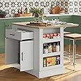 FUSUNBAO Large Kitchen Island with Storage & Power Outlet, Drawer, Adjustable Shelves, Side Open Compartments, and Drop Leaf,Island Table for Kitchen with Footrest,White