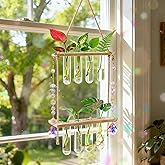 Hanging Propagation Stations with Crystal Suncatchers Glass Wall Planters for Indoor Plants Hydroponics, 2 Tiered Wooden Stand Mini Test Tube Flower Vase Glass Planter Stations for Home Decor (Beige)