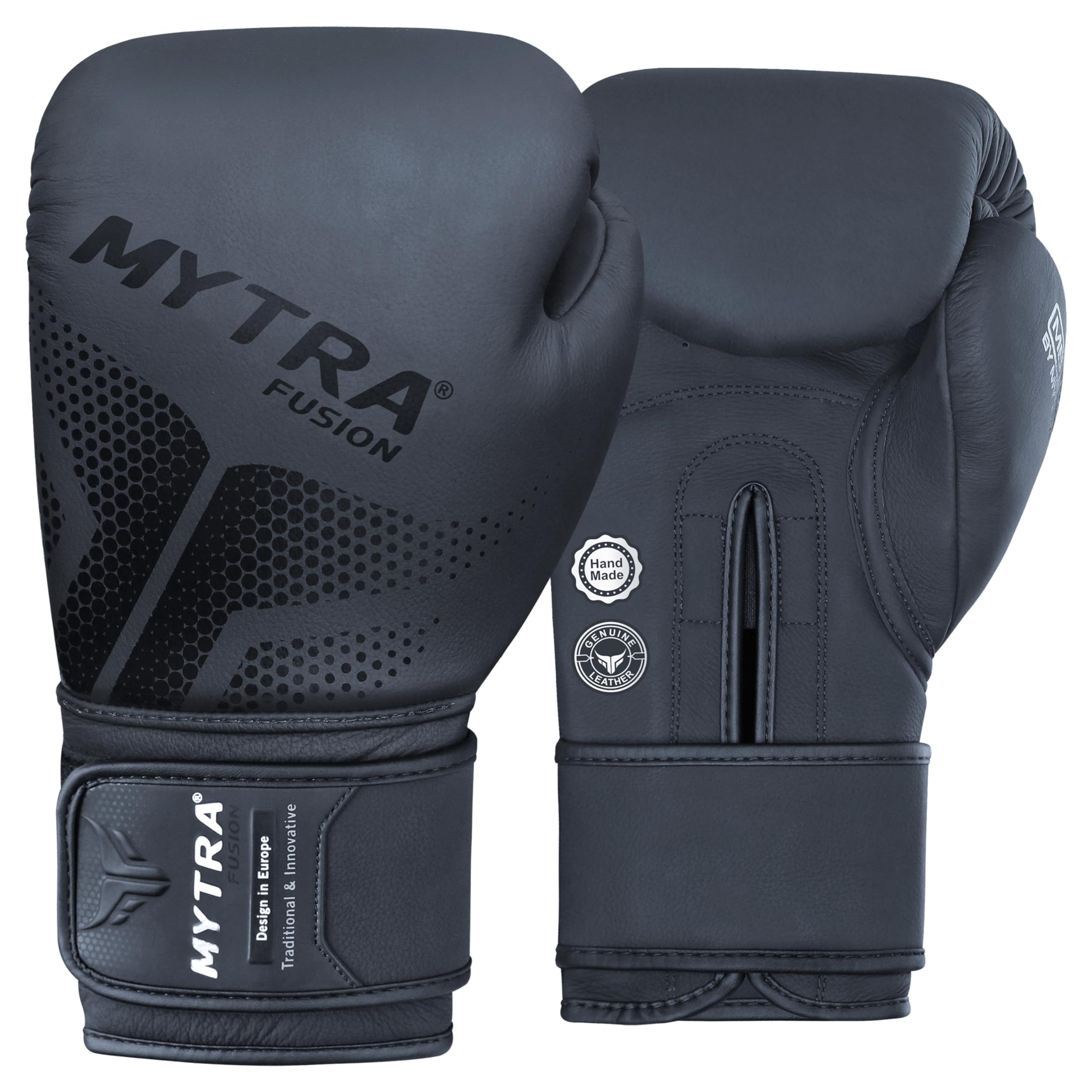 Mytra Fusion Boxing Gloves Leather Punching Gloves Men and Women Pro Kickboxing Gloves MMA Muay Thai Gloves for Training, Sparring, Punching bag and Focus pad (Black, 14-oz)