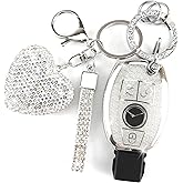 YIKECASE Key Fob Cover with Diamond Keychain Car Key Holder Compatible with Mercedes Benz C E M S CLS CLA GLK GLA GLC GLE AMG Class Protector for Women, 3 Buttons (Silver-Heart)