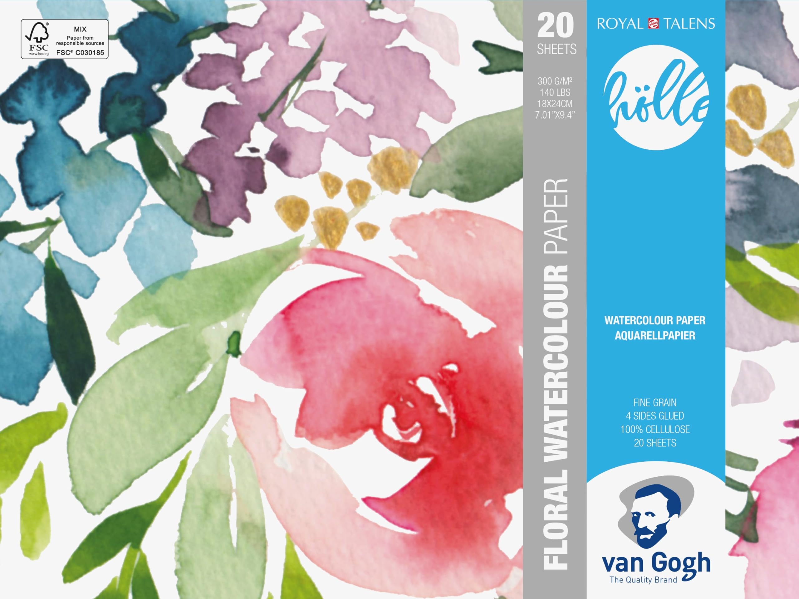 Van Gogh Watercolour Paper Block - 300g 18x24cm 20 Sheets - Fine Grain Acid-Free for Watercolour Acrylics Ink