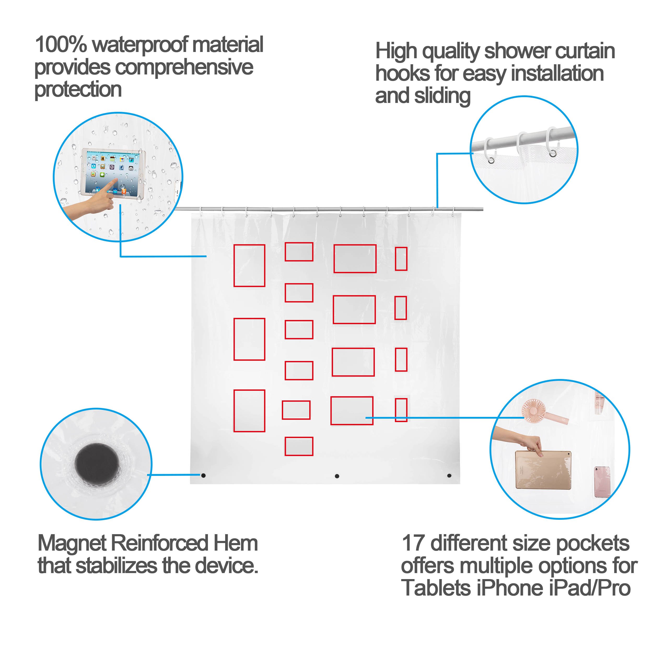Jasontric Clear Shower Curtain Liner, with Pockets for Phone Ipad Tablet Bath Curtains Sheer Transparent Waterproof Bathroom Curtain Liner Phone Tablet Holder