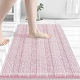Grandaily Chenille Striped Bathroom Rugs 24x16, Extra Thick and Absorbent Bath Mats, Non-Slip Soft Plush Shaggy Shower Carpet, Machine Wash Dry, Bath Rug for Bathroom, (Small, Pink)