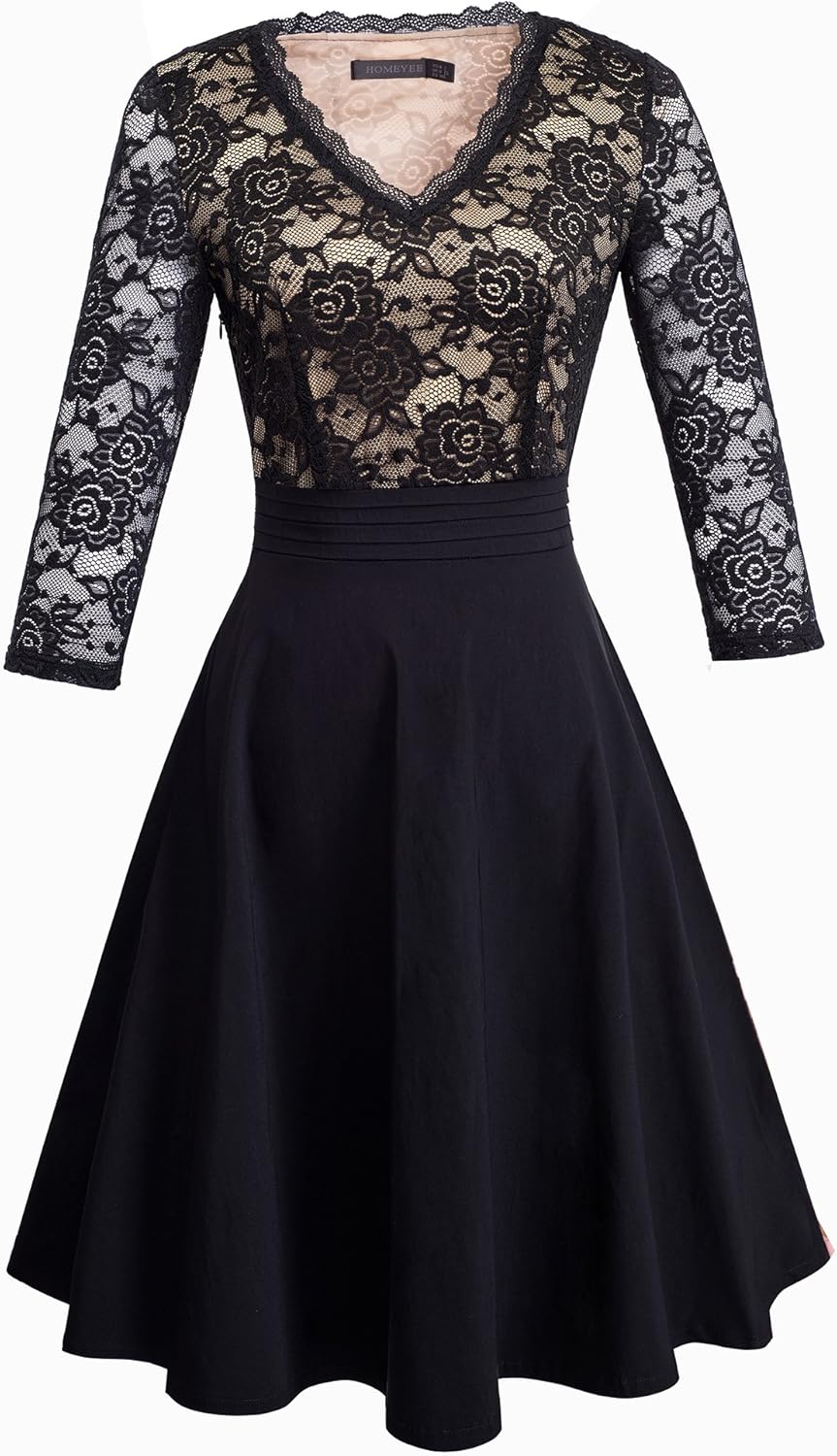 HOMEYEE Women's Chic V-Neck Lace Patchwork Flare Party Dress A062: Clothing