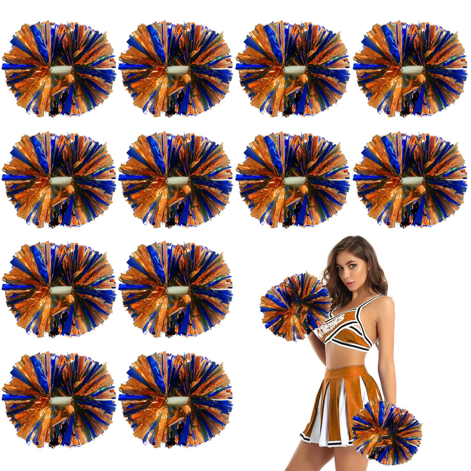 Photo 1 of 12 Pcs Blue Orange Metallic Cheerleading Pom Poms, 12Inch Cheerleader Pompoms with Baton Handle, Cheerleading Flower Ball for School Team Sports Games Dance Cheering Cheer Pom Poms for Kids Adults