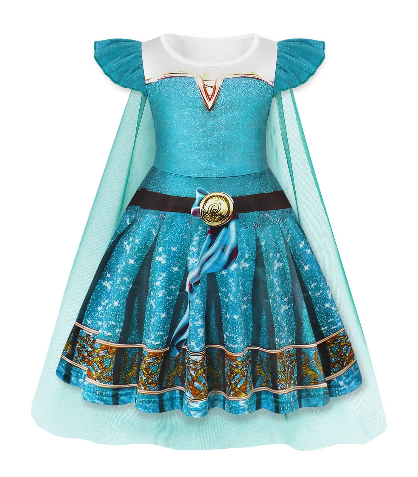 Jurebecia Princess Costume Kids Fancy Dress with Mesh Cape Princess Dress For Girls Costume Christmas Halloween Dress Up Lake blue 3-4 Years