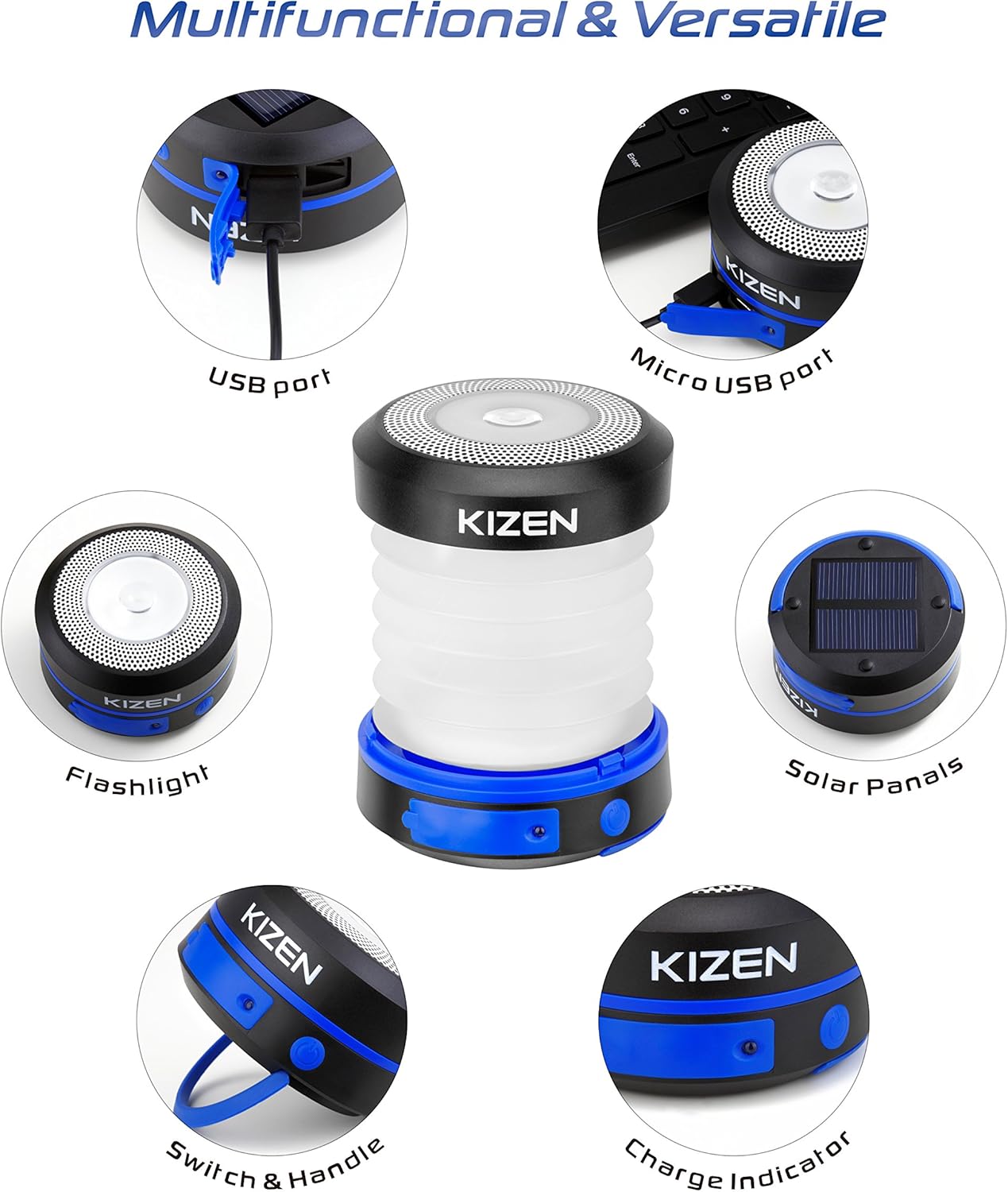 Kizen Solar Powered LED Camping Lantern - Solar or USB Chargeable, Collapsible Space Saving Design, Emergency Power Bank, Flashlight, Water Resistant. for Outdoor Night Hiking Camping Lawn!: Sports & Outdoors
