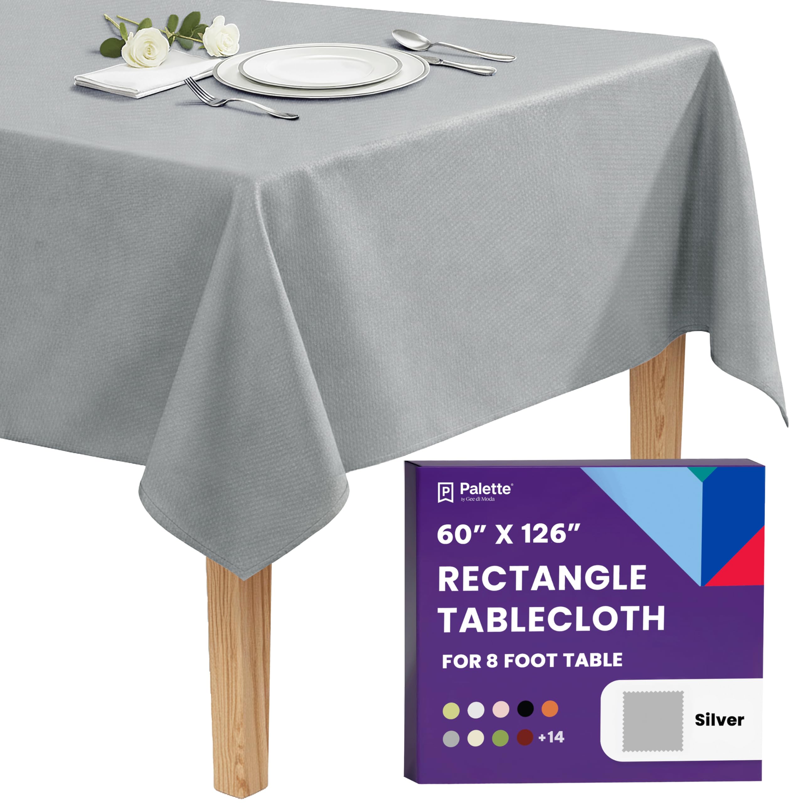 Gee Di Moda Rectangle Tablecloth - 60 x 126 Inch Silver Table Cloth for 8 Foot Rectangle Tables - Heavy Duty Washable Fabric - for Holiday Party, Dinner, Weddings, Baby Shower & Events