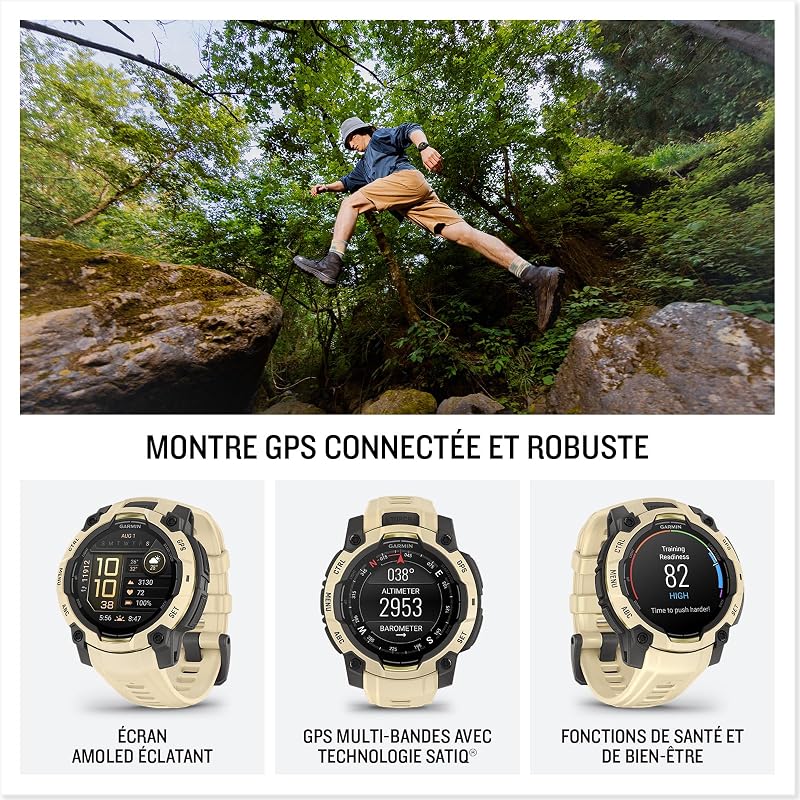 Instinct 3, AMOLED (édition limitée) - Montre GPS Robuste et connectée – Sable avec Bracelet Silicone Sable - Boîtier 45 mm