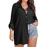 SCOMCHIC Women Plus Size Button Down Shirts Long Roll Up Sleeve V Neck Collared Casual Blouses Oversized Shirt Tops