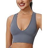 Longline Deep V Neck Sports Bra for Women Ribbed Crop Tank Top Full Back Removable Pads Wirefree Medium Support Yoga Bra