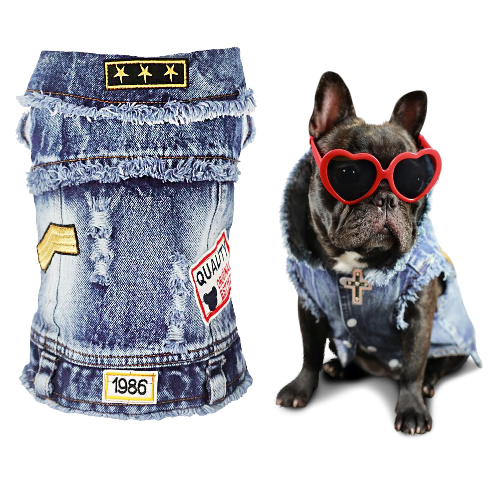 SILD Pet Clothes Dog Jeans Jacket Cool Blue Denim Coat For Small Medium Dogs Lapel Vests Classic Hoodies Puppy Blue Vintage Washed Clothes (S)