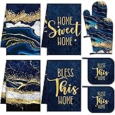 Leinuosen 8 Pcs Blue Marble Kitchen Decor Dish Towels and Oven Mitts Sets Pot Holders and Dishcloths Farmhouse Kitchen Accessories Decorative Set for Chef Baking Cooking Daughter Mom Gift
