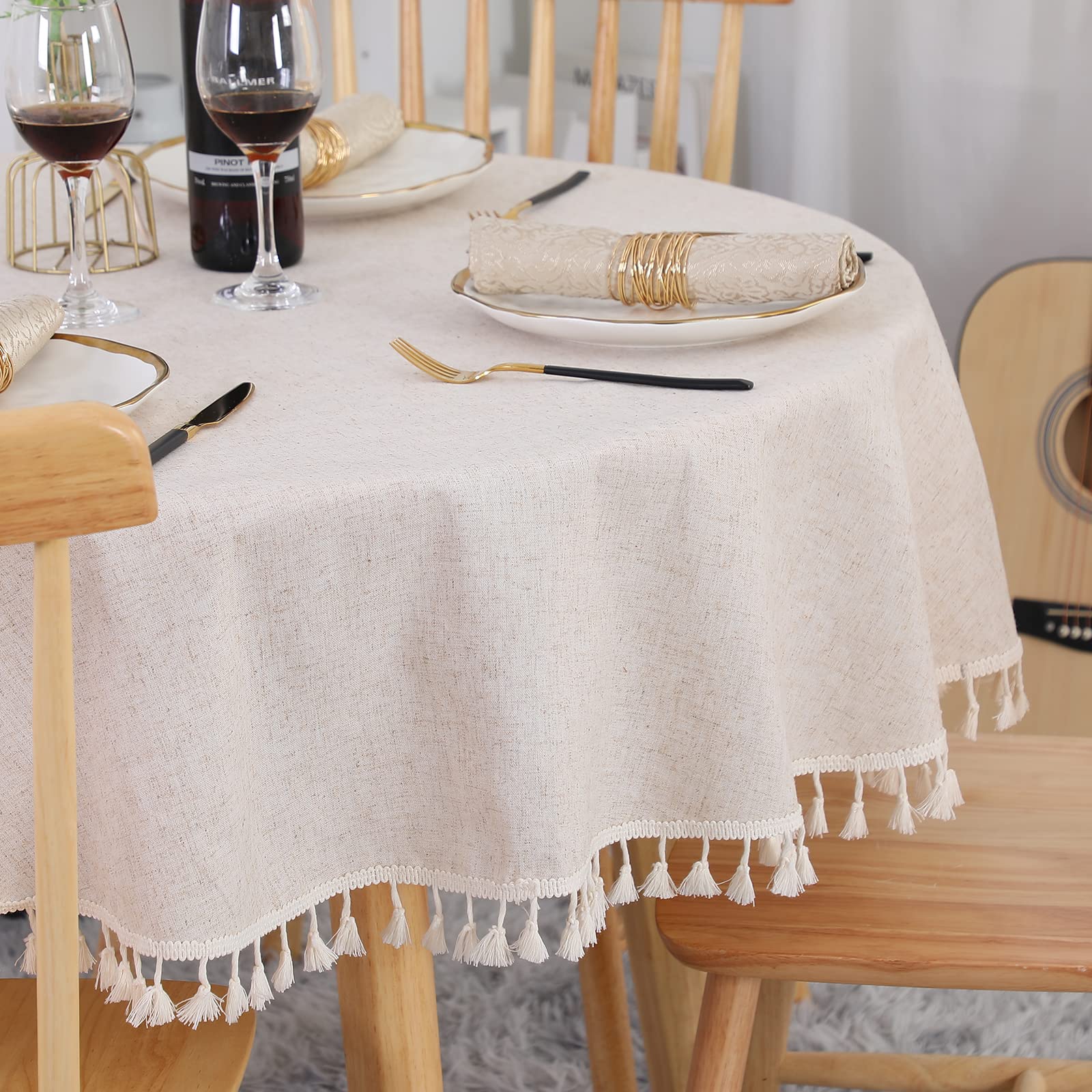 SUCHDECO Beige Round Tablecloth 120cm Linen Tablecloth Cotton Table Cover Washable Dust-Proof Tablecloths with Tassels for Kitchen, Dining Room, Party, Party, Coffee Table — image 1