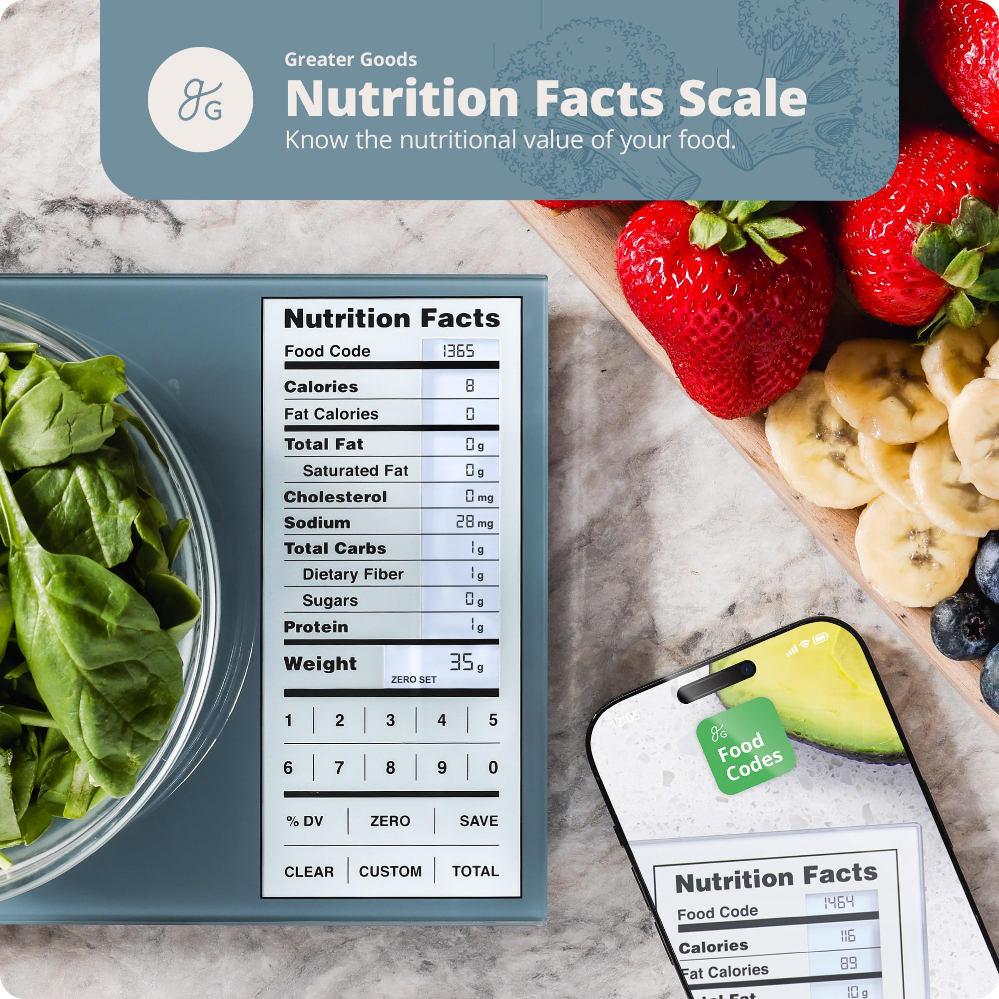 Greater Goods Digital Nutrition Scale – Accurate Macro and Calorie Tracking for Meal Prep, Weight Loss, and Healthy Eating | 2,000 Built-in Foods, Intuitive Nutrition Label Display, 11lb Cap, Blue