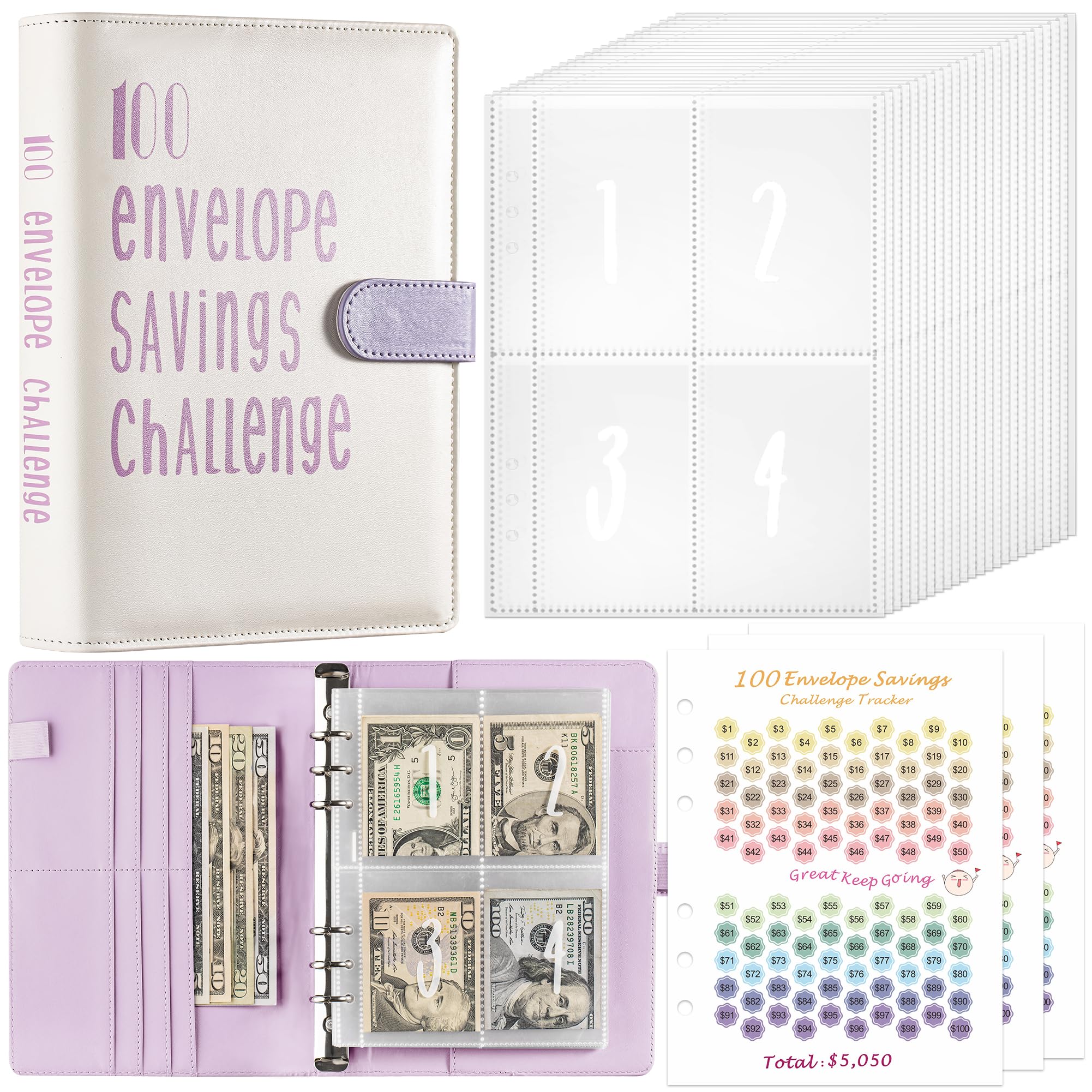 Photo 1 of 100 Envelopes Money Saving Challenge Save $5050 in 100 Days A5 Budget Money Saving Challenge Book Binder with 100 Cash Envelopes, With 3 Savings Tracking Sheets and budget Planner - Purple