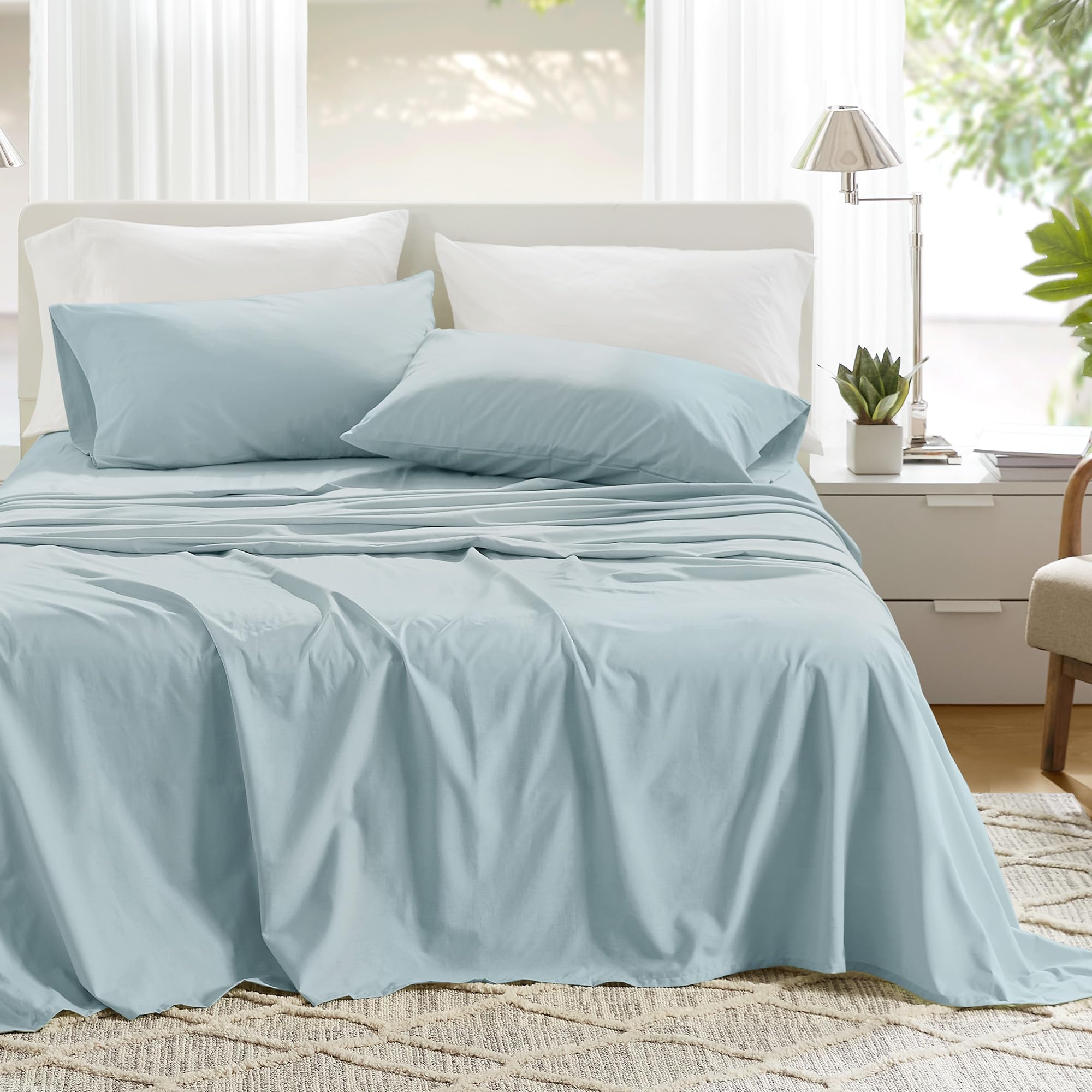 Photo 1 of Comfort Spaces 100% Cotton Sheets King, Breathable & Soft Cotton Sheets, Naturally Cool Cotton Bed Sheets with 14" Elastic Pocket Fits up to 16" Mattress, All Season Sheet Set, Light Blue 4 Piece