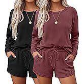 Neer 2 Pack Women's Waffle Knit Pajama Sets Long Sleeve and Shorts Pajama Set Matching PJ Loungewear Sweatsuit with Pockets