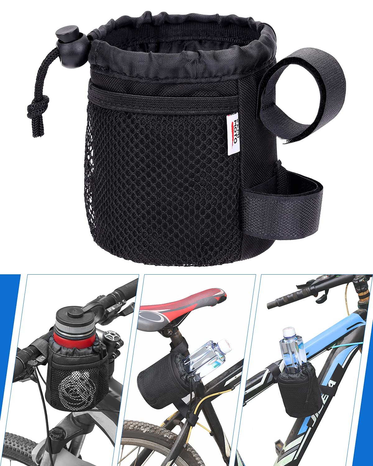 KEMIMOTO 1 Pack Bike Cup Holder, 5 Inch Bike Water Bottle Holder Bicycle Handlebar Drink Holder with Mesh Pockets Phone Bag for Cruiser, Mountain Bike, Scooter, Folding, Road Bike, Wheelchair