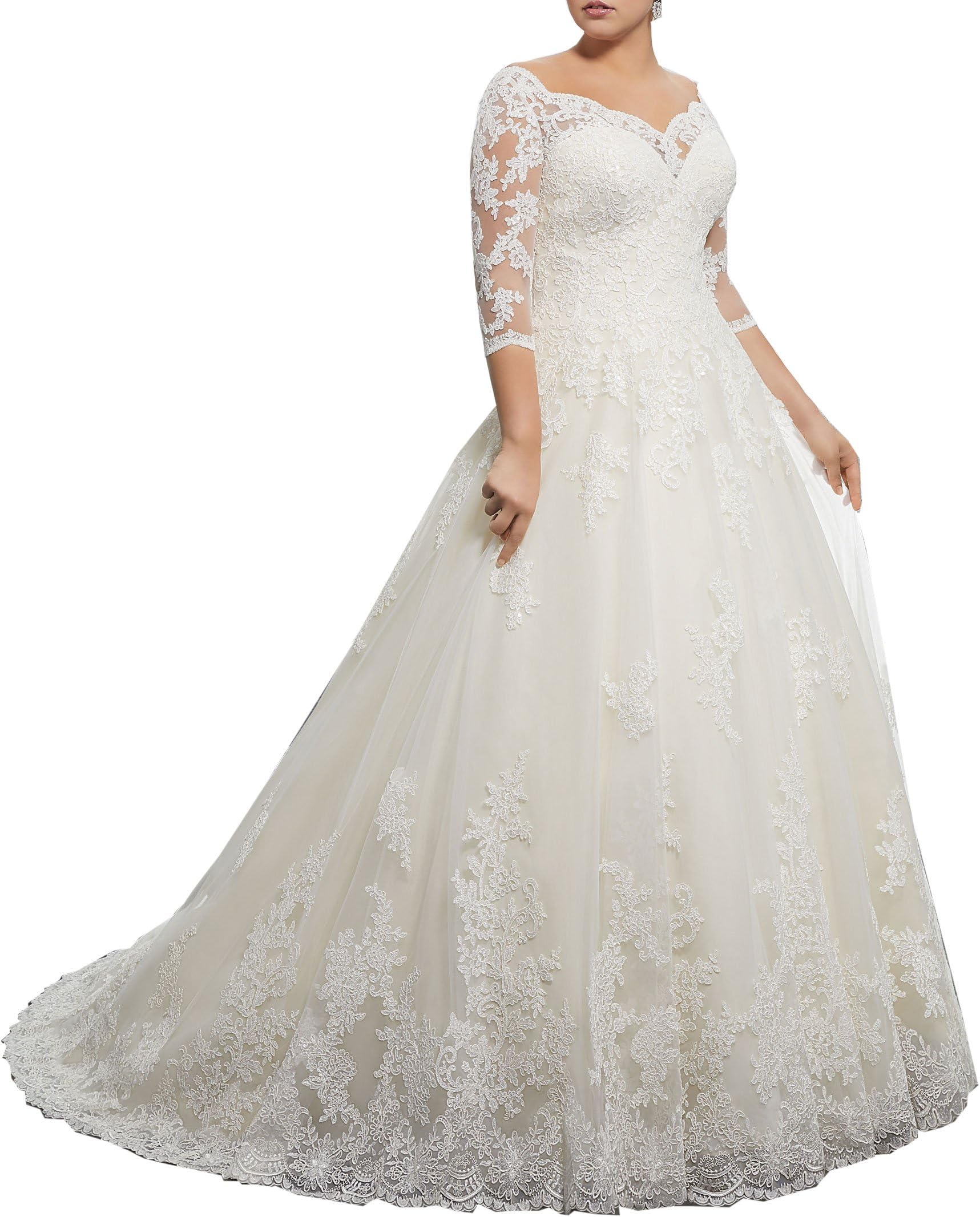 Women's Plus Size V Neck Bridal Ball Gowns Lace Wedding Dresses with 3/4 Sleeves White 20W