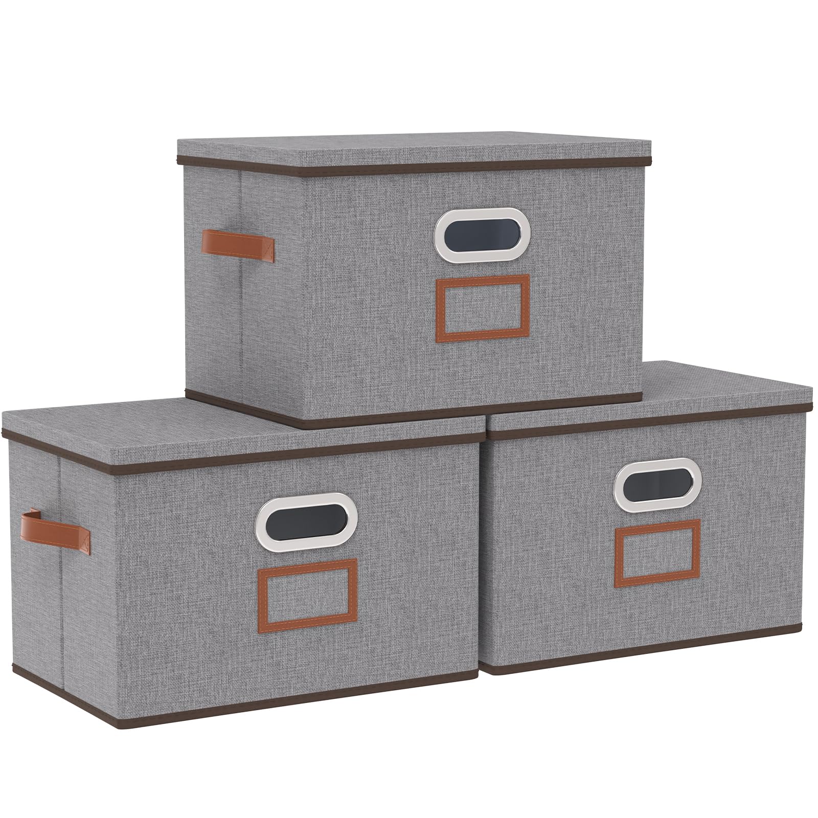 OUTBROS Collapsible Storage Boxes, Lidded Baskets for Shelves, Wardrobe Cube Organiser, Home Office Fabric Bins with Handle, 45 x 30 x 30 cm, Grey, 3-Pack