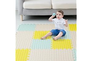 Tamiplay Foam Floor Mats for Kids, 12 x 12 Inch 16 Tiles 0.4" thickness Foam Play Mat, Non-Toxic Square Interlocking Floor Mats Rubber Baby Play Mat for Toddlers(Beige/Yellow/Bean Green)