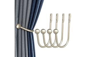 HEMOUR Curtain Holdback, 4 Pcs Wall Mounted Drapery Tiebacks with Screws, Heavy Duty Metal Decorative Window Drapery Holder Curtain Hook, Silver