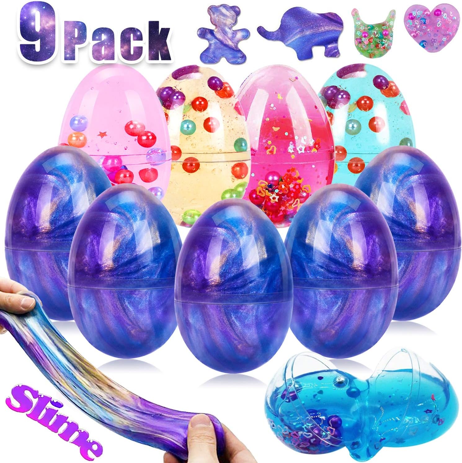 9 Pack Easter Egg Slime Putty, 5 Galaxy Slime Egg + 4 Colors Slime DIY Kit Sludge Toy, Fluffy & Stretchy Stress Relief Non-Toxic Non-Sticky, Easter Decorations Party Gifts for Kids Adults