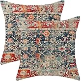 Gohdiwh Boho Pillow Covers 18x18 Set of 2, Carpet Rug Design Decorative Navy Blue Red Boho Throw Pillows Linen Farmhouse Bohemian Cushion Pillow Covers for Sofa Couch Outdoor Decor