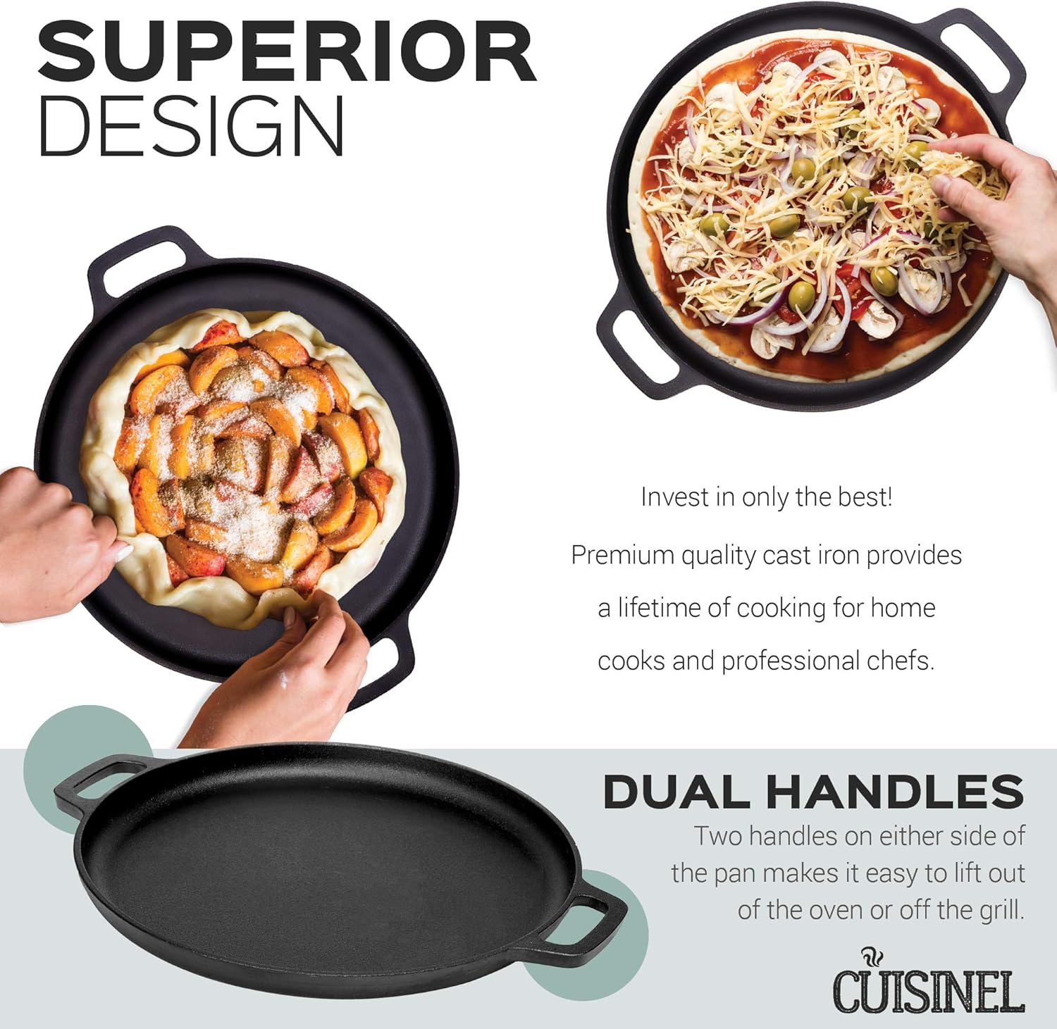 Pre-Seasoned Cast Iron Pizza and Baking Pan (13.5 Inch) Natural Finish, Enhanced Heat Retention and Dispersion - Stove, Oven, Grill or Campfire: Kitchen & Dining