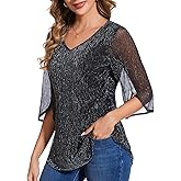 BILIKE JOMEX Women's 3/4 Sleeve Glitter Blouses Dressy Sparkly Double Layers Mesh Tops