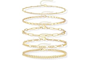 Gokeey Gold Bracelets for Women Trendy,14K Gold Plated Dainty Stackable Paperclip Cuban Link Chain Bracelets, Simple Cute Cuff Bracelets Jewelry Set Adjustable 7"+2"
