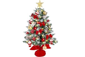 Sggvecsy 23.6’’ Mini Snow Frosted Christmas Tree Table Top Lighted Artificial Xmas Tree Star Treetop Pine Cones Red Bows Balls Santa Clause Red Berries Hanging Ornaments DIY Holiday Indoor Decorations